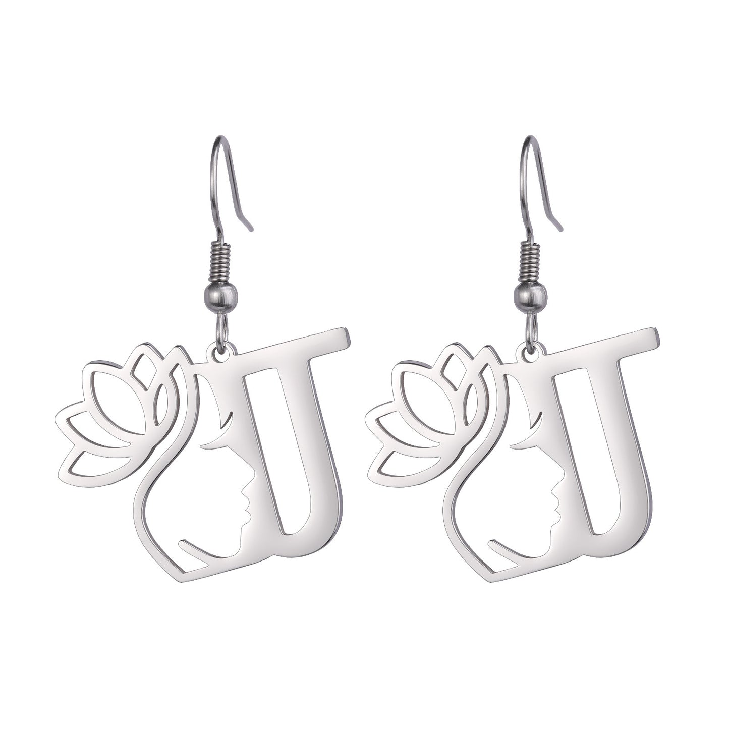 Lotus Letter Pendant Earrings A- Z Initial Stainless Steel Women's Earrings