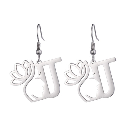 Lotus Letter Pendant Earrings A- Z Initial Stainless Steel Women's Earrings