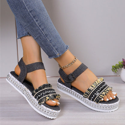 Fashion Tassel Denim Sandals With Thick-soled Flat Heel New Summer Hemp Rope Sole Ethnic Style Shoes For Women