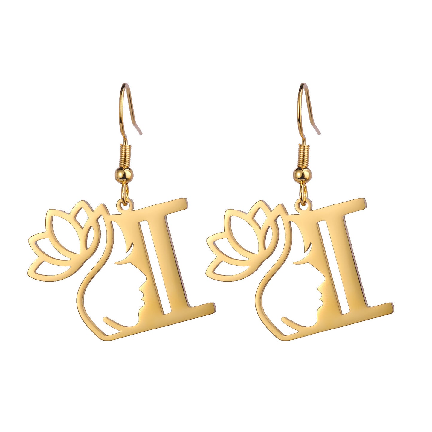 Lotus Letter Pendant Earrings A- Z Initial Stainless Steel Women's Earrings