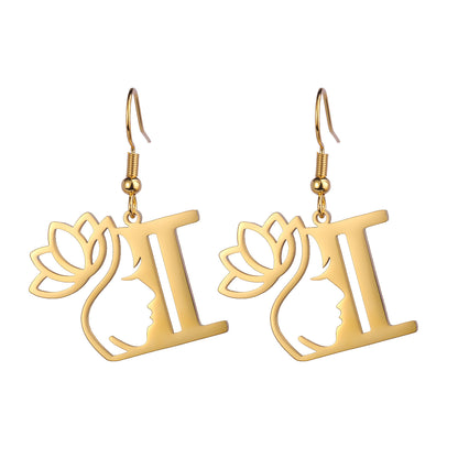 Lotus Letter Pendant Earrings A- Z Initial Stainless Steel Women's Earrings