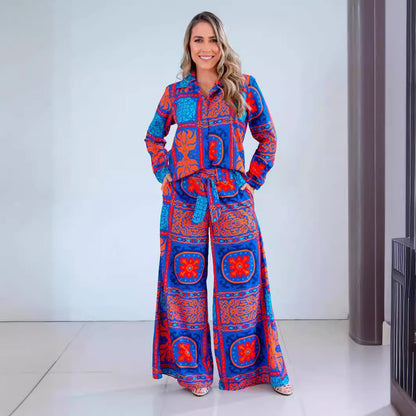 Casual Blue Printed Lace Up Wide Leg Pants Suit