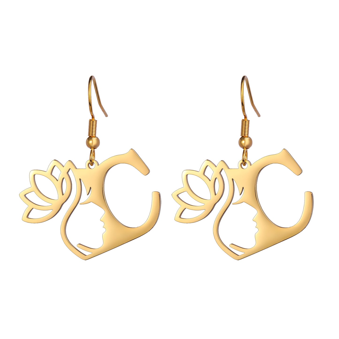 Lotus Letter Pendant Earrings A- Z Initial Stainless Steel Women's Earrings