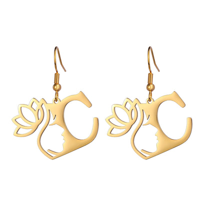 Lotus Letter Pendant Earrings A- Z Initial Stainless Steel Women's Earrings