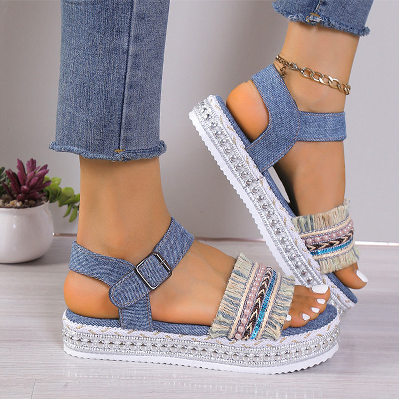 Fashion Tassel Denim Sandals With Thick-soled Flat Heel New Summer Hemp Rope Sole Ethnic Style Shoes For Women