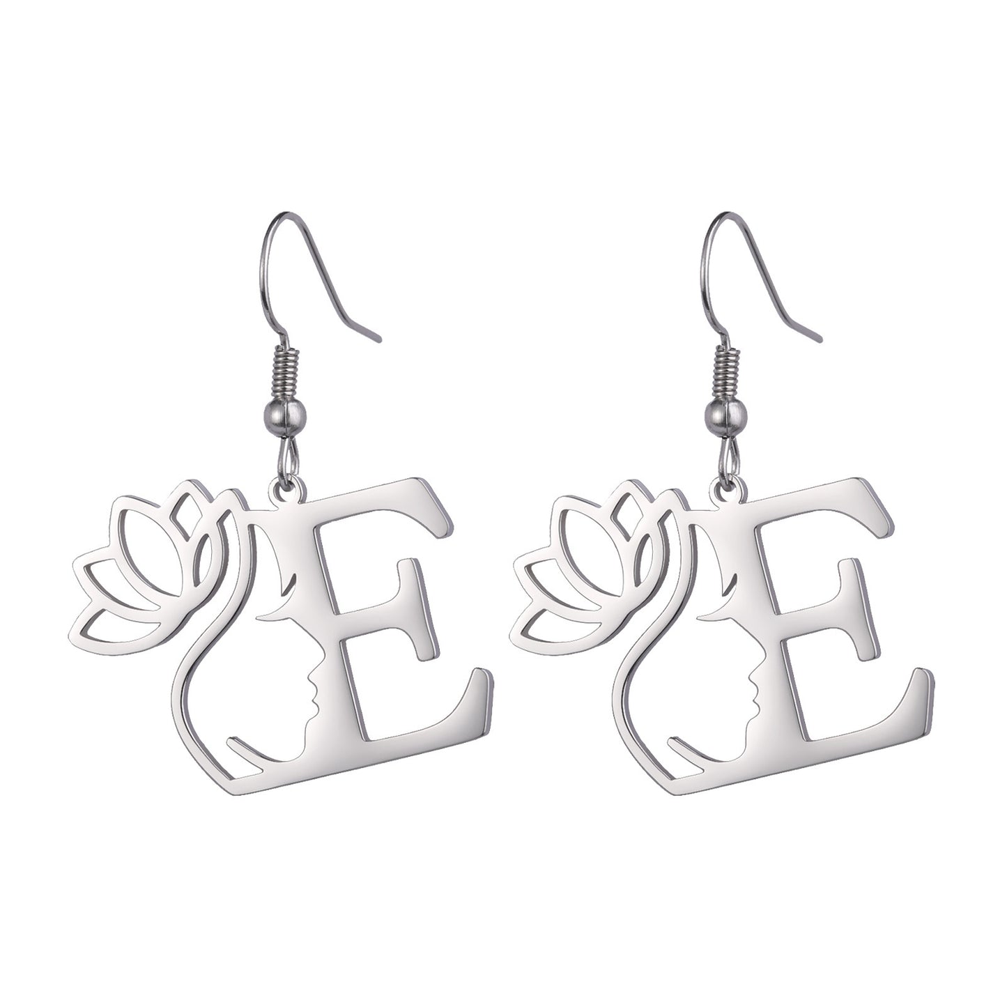 Lotus Letter Pendant Earrings A- Z Initial Stainless Steel Women's Earrings