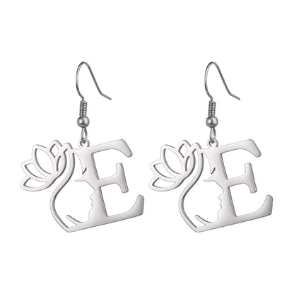 Lotus Letter Pendant Earrings A- Z Initial Stainless Steel Women's Earrings