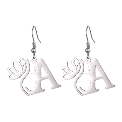 Lotus Letter Pendant Earrings A- Z Initial Stainless Steel Women's Earrings