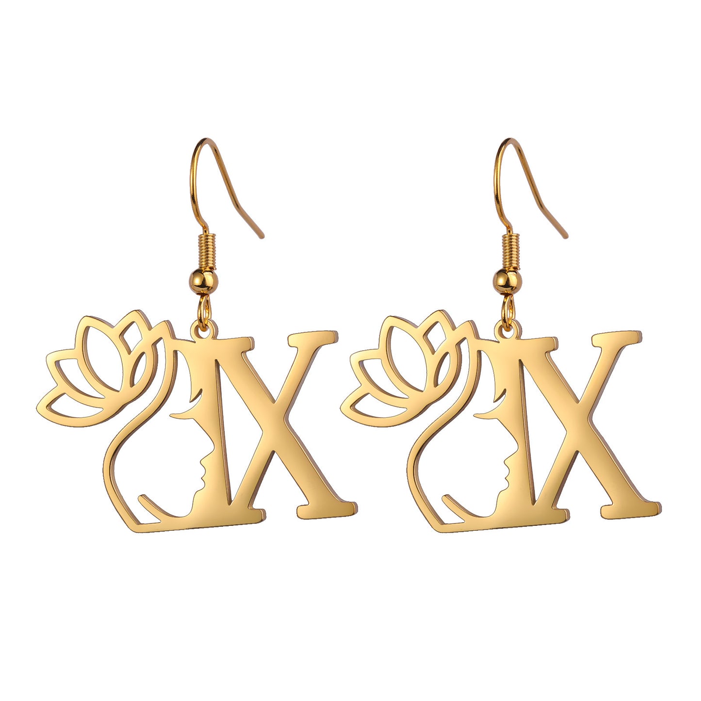 Lotus Letter Pendant Earrings A- Z Initial Stainless Steel Women's Earrings