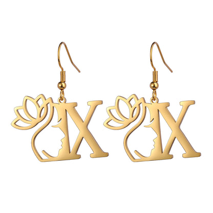 Lotus Letter Pendant Earrings A- Z Initial Stainless Steel Women's Earrings