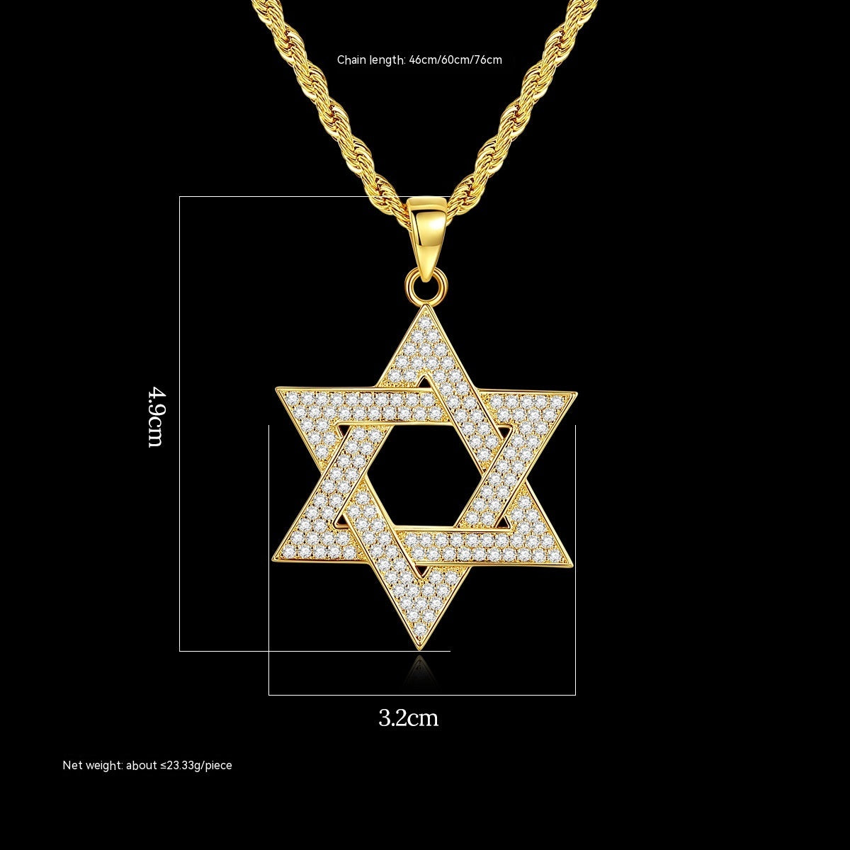 Diamond-encrusted Star Of David Titanium Steel Necklace Solomon Seal Hexagram Necklace