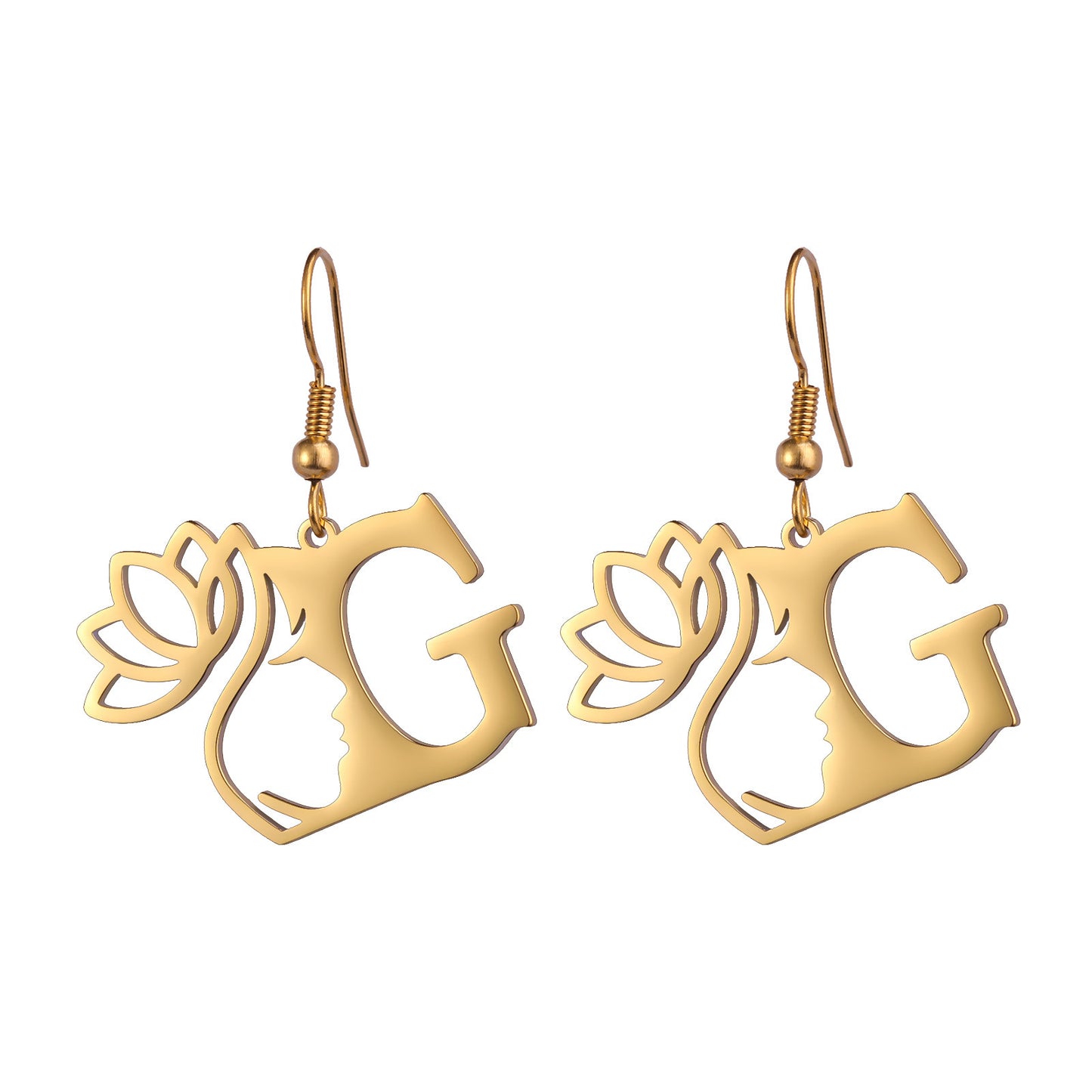 Lotus Letter Pendant Earrings A- Z Initial Stainless Steel Women's Earrings