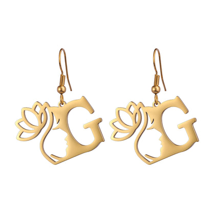 Lotus Letter Pendant Earrings A- Z Initial Stainless Steel Women's Earrings