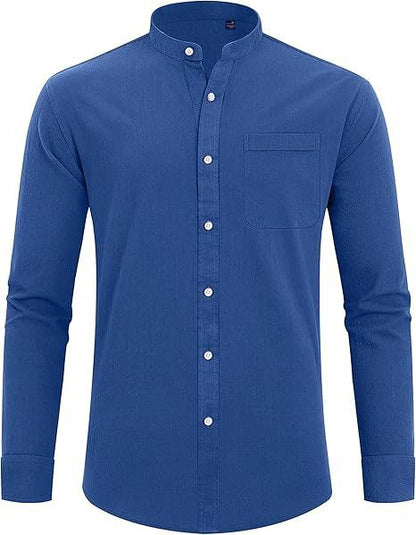 Men's Stand Collar Long Sleeve Solid Color Cotton Shirt