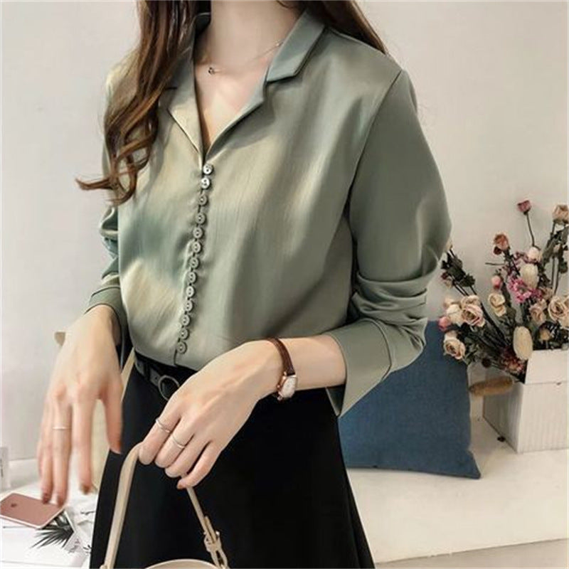 Solid Color Satin Suit Collar Shirt Bottoming Top