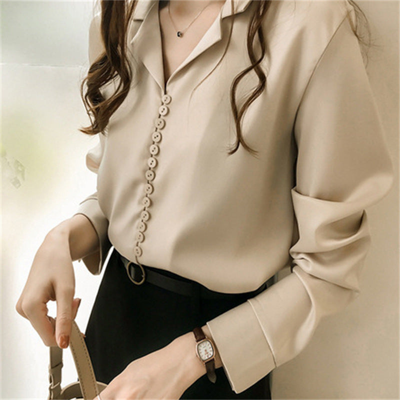 Solid Color Satin Suit Collar Shirt Bottoming Top