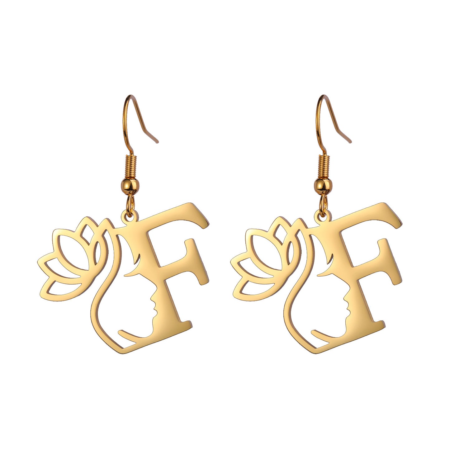 Lotus Letter Pendant Earrings A- Z Initial Stainless Steel Women's Earrings