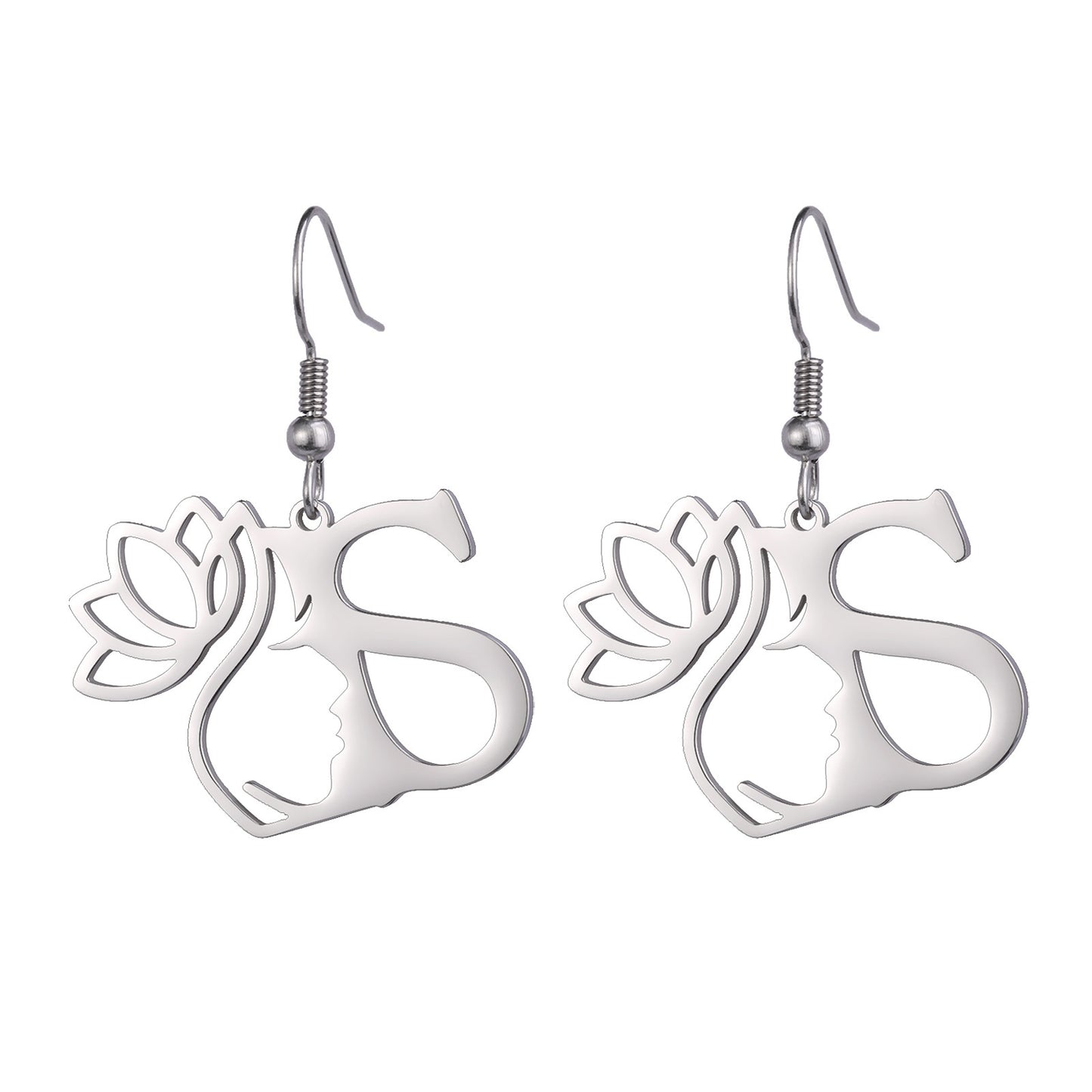 Lotus Letter Pendant Earrings A- Z Initial Stainless Steel Women's Earrings