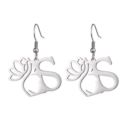 Lotus Letter Pendant Earrings A- Z Initial Stainless Steel Women's Earrings