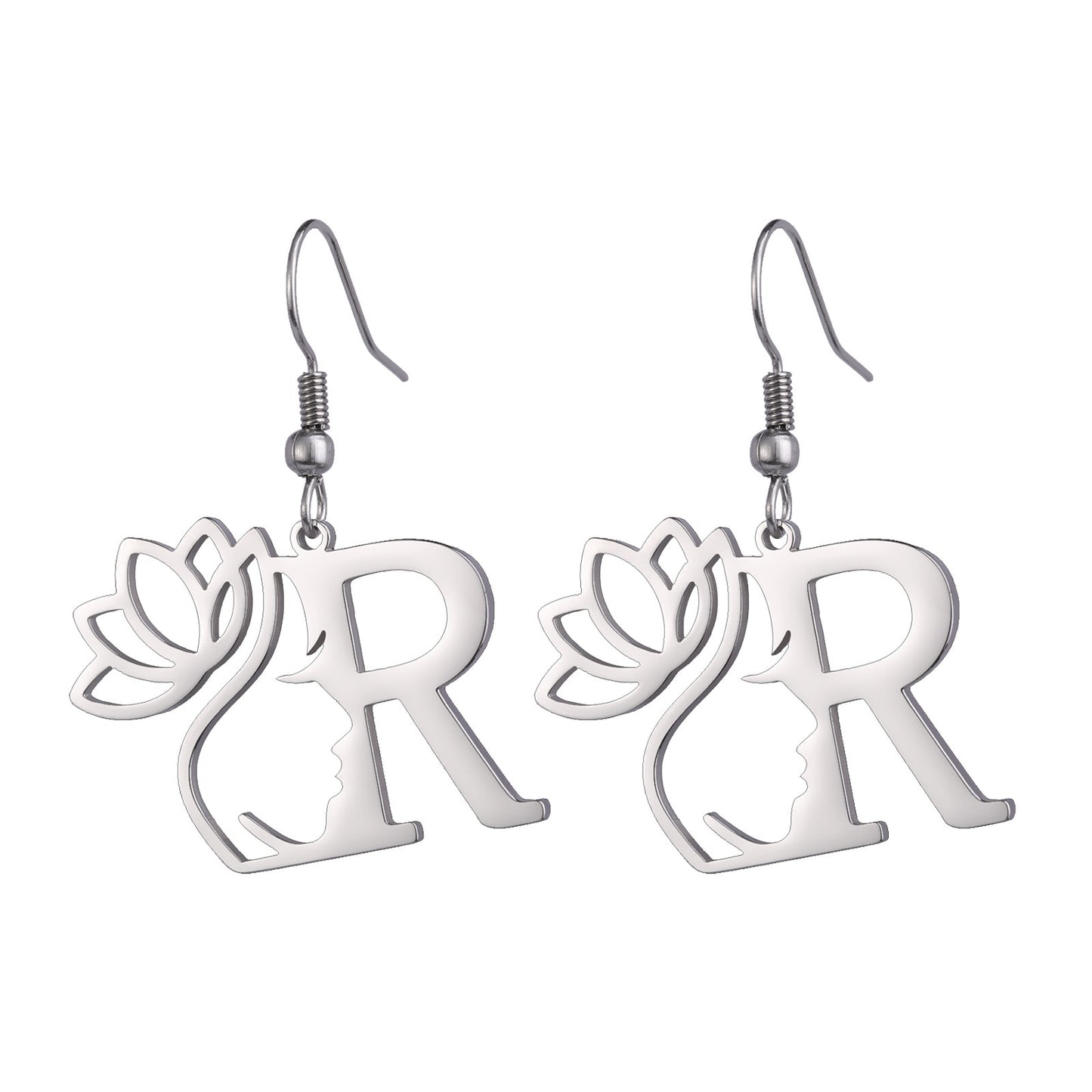 Lotus Letter Pendant Earrings A- Z Initial Stainless Steel Women's Earrings