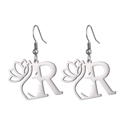 Lotus Letter Pendant Earrings A- Z Initial Stainless Steel Women's Earrings