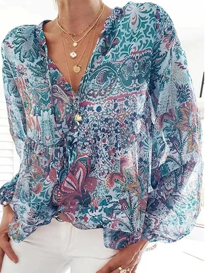 European And American Retro Bohemian Print V Neck Lantern Sleeve Shirt