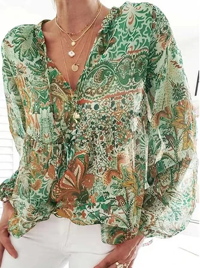 European And American Retro Bohemian Print V Neck Lantern Sleeve Shirt