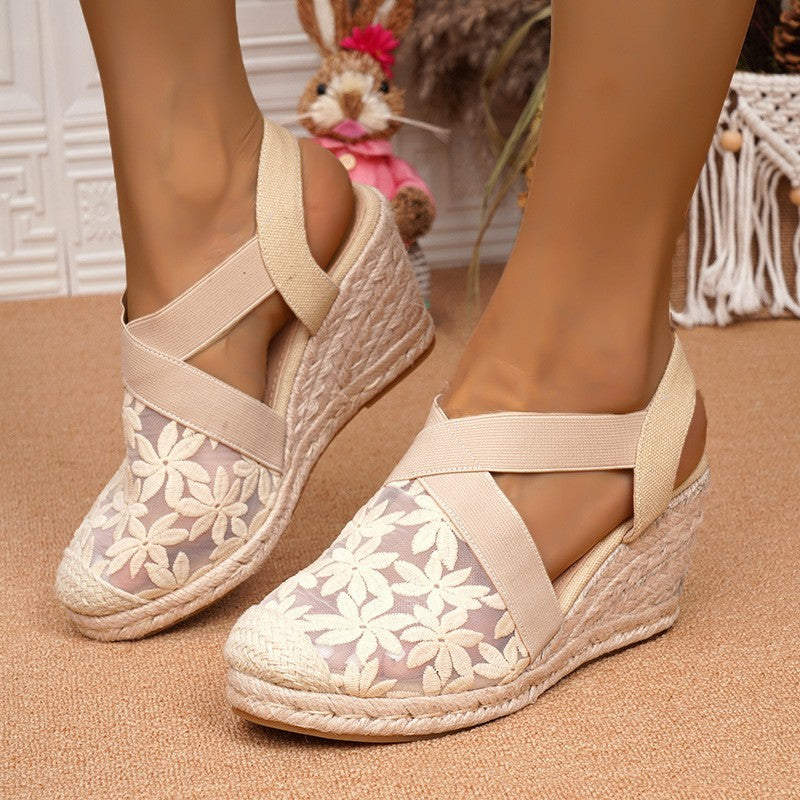 Wedge Straw Mesh Embroidered Retro Women's Fashion Shoes