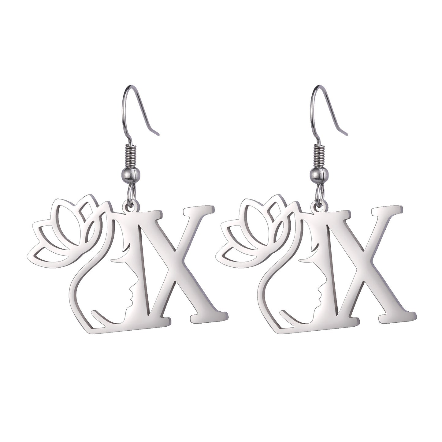 Lotus Letter Pendant Earrings A- Z Initial Stainless Steel Women's Earrings