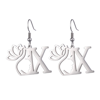 Lotus Letter Pendant Earrings A- Z Initial Stainless Steel Women's Earrings