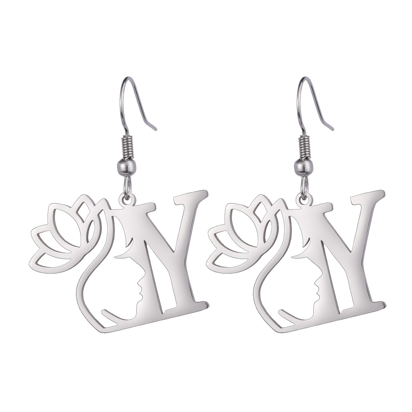 Lotus Letter Pendant Earrings A- Z Initial Stainless Steel Women's Earrings