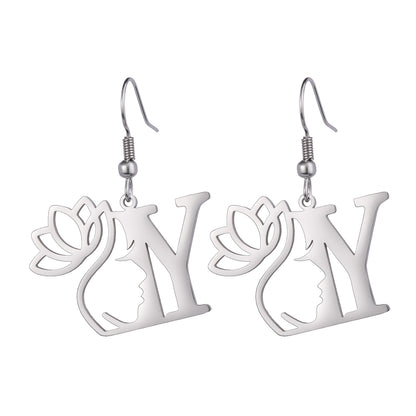 Lotus Letter Pendant Earrings A- Z Initial Stainless Steel Women's Earrings