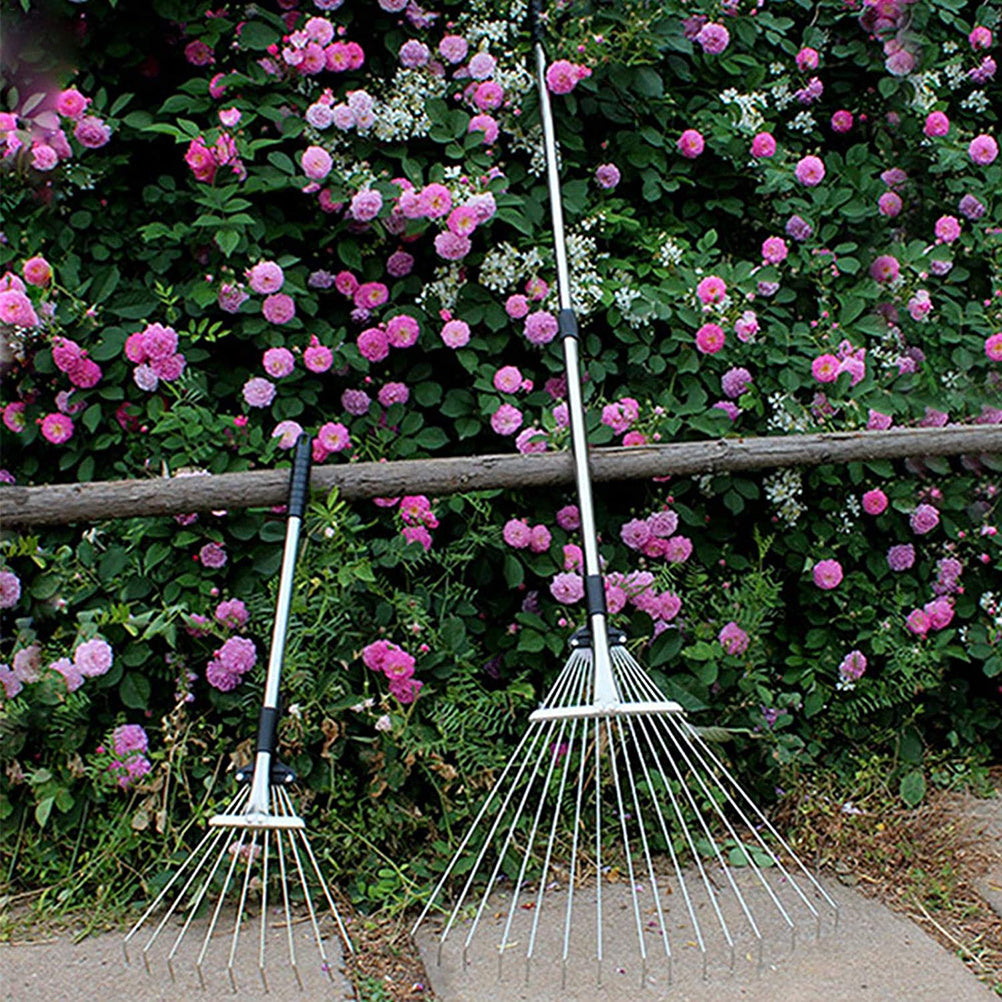 Adjustable Garden Leaf Rake Alloy Telescopic Hoe Grass Tool Multi Toothed Metal Rake for Deciduous Hay Grass of Lawn and Yard