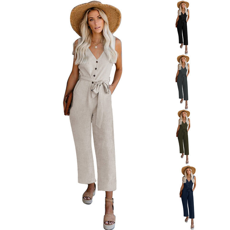 Casual Wide Leg Pants Waist Tie Jumpsuit