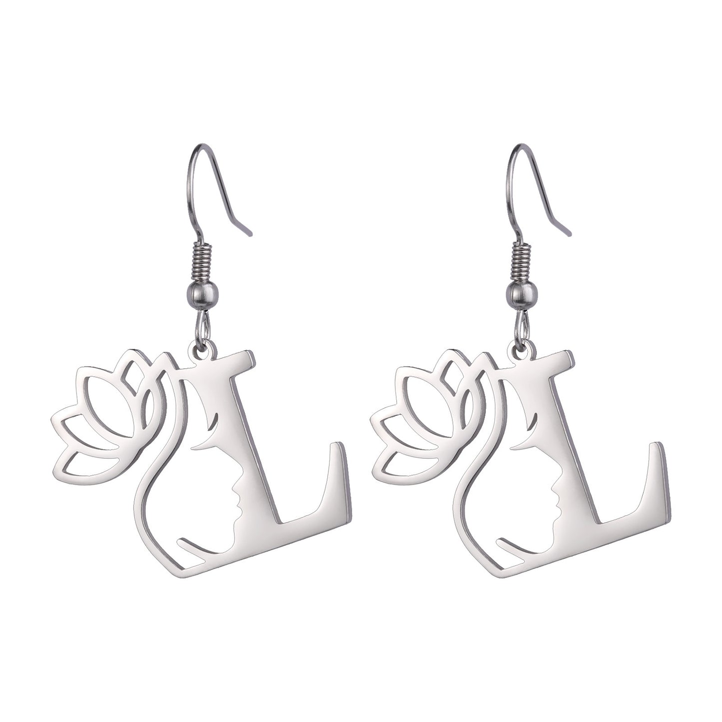 Lotus Letter Pendant Earrings A- Z Initial Stainless Steel Women's Earrings