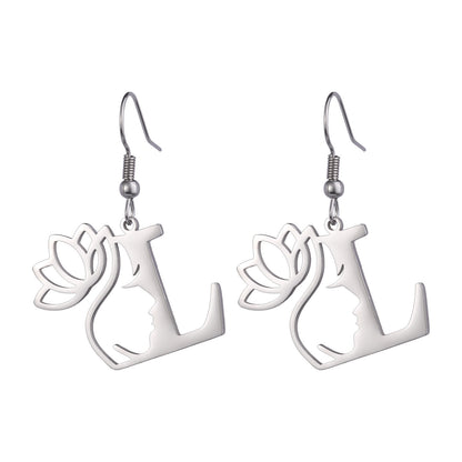 Lotus Letter Pendant Earrings A- Z Initial Stainless Steel Women's Earrings