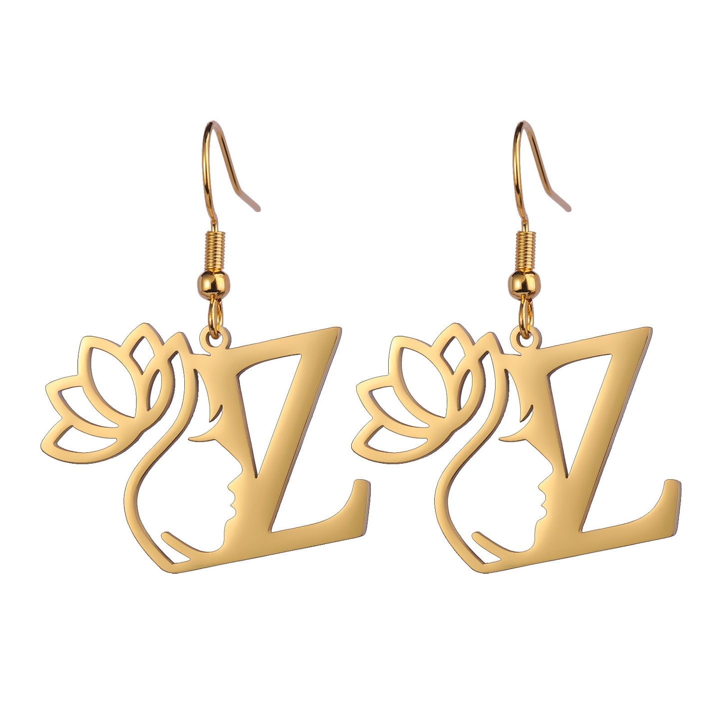 Lotus Letter Pendant Earrings A- Z Initial Stainless Steel Women's Earrings