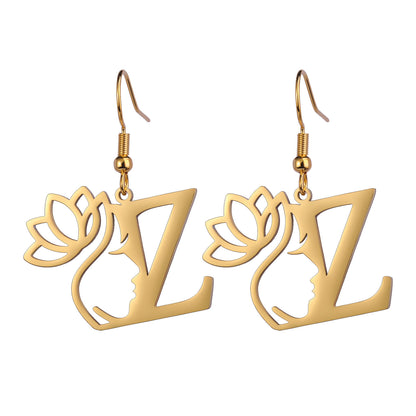 Lotus Letter Pendant Earrings A- Z Initial Stainless Steel Women's Earrings