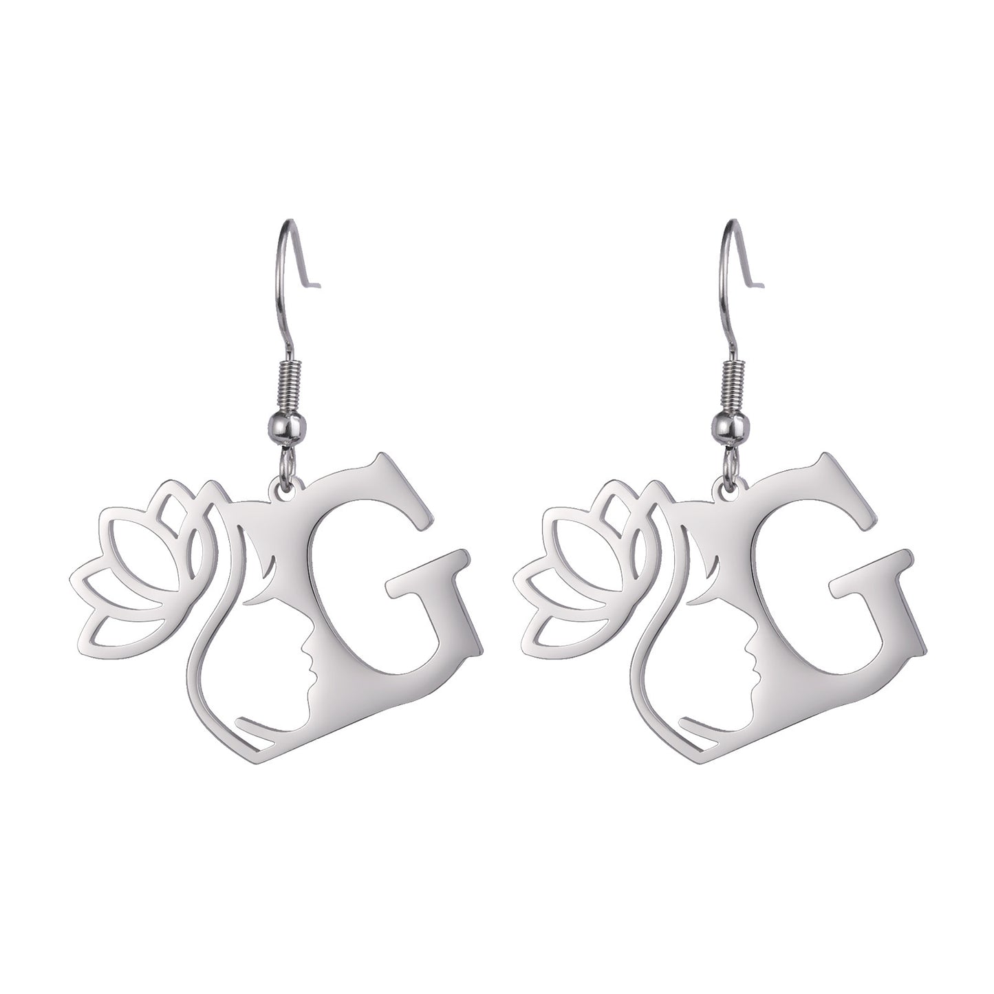 Lotus Letter Pendant Earrings A- Z Initial Stainless Steel Women's Earrings