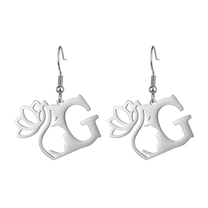 Lotus Letter Pendant Earrings A- Z Initial Stainless Steel Women's Earrings
