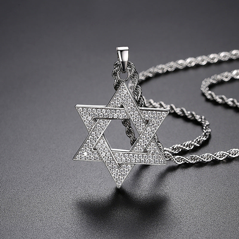 Diamond-encrusted Star Of David Titanium Steel Necklace Solomon Seal Hexagram Necklace