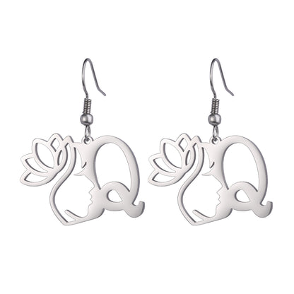 Lotus Letter Pendant Earrings A- Z Initial Stainless Steel Women's Earrings