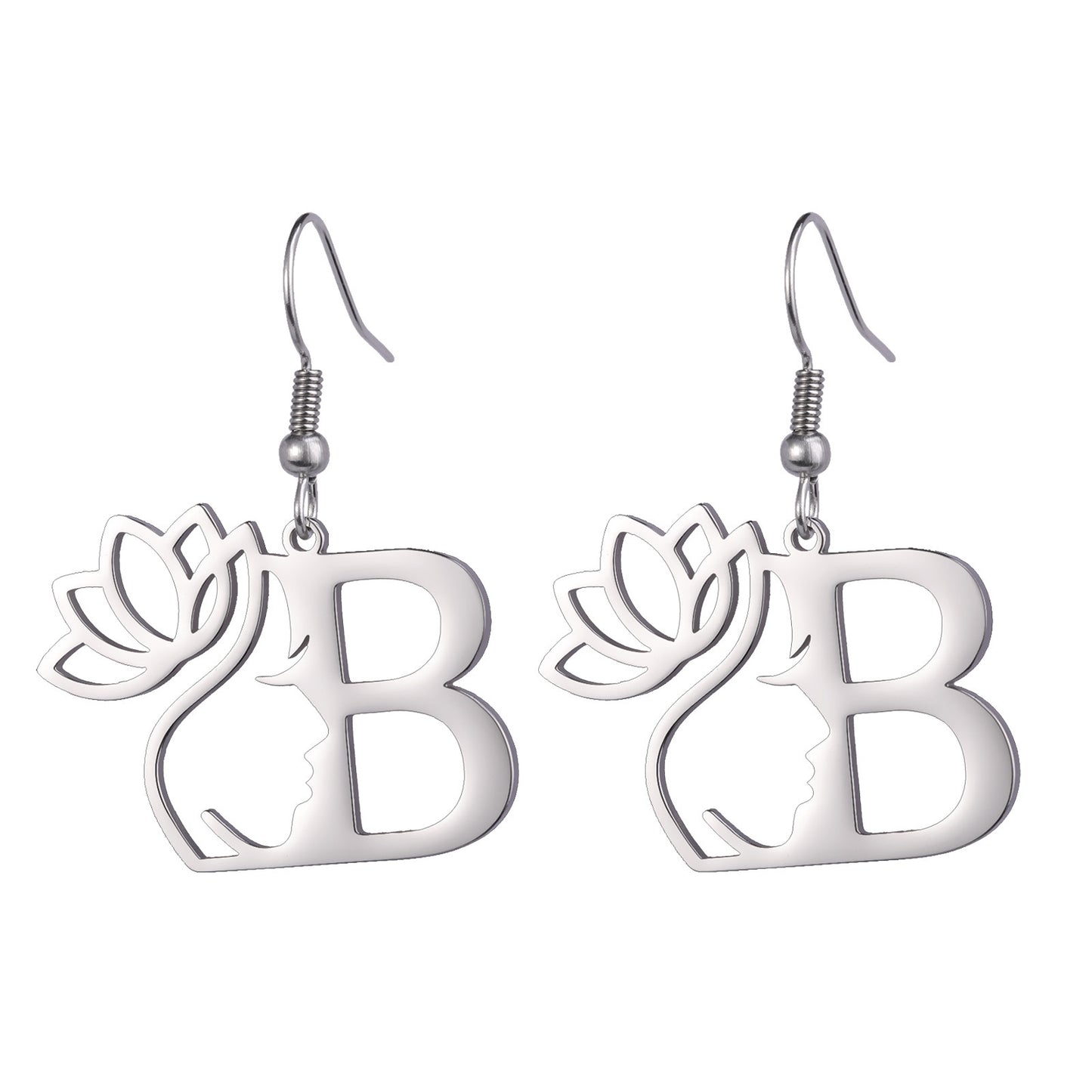Lotus Letter Pendant Earrings A- Z Initial Stainless Steel Women's Earrings