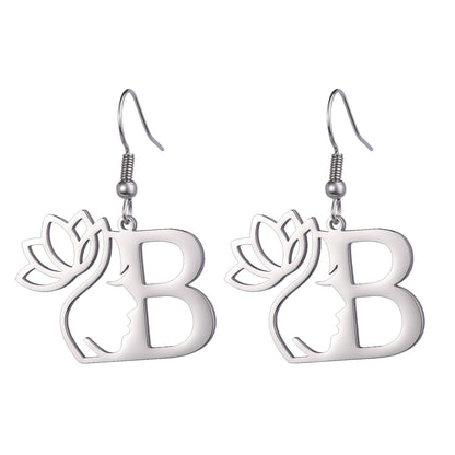 Lotus Letter Pendant Earrings A- Z Initial Stainless Steel Women's Earrings