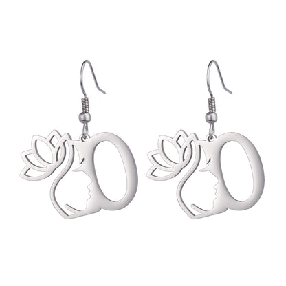 Lotus Letter Pendant Earrings A- Z Initial Stainless Steel Women's Earrings