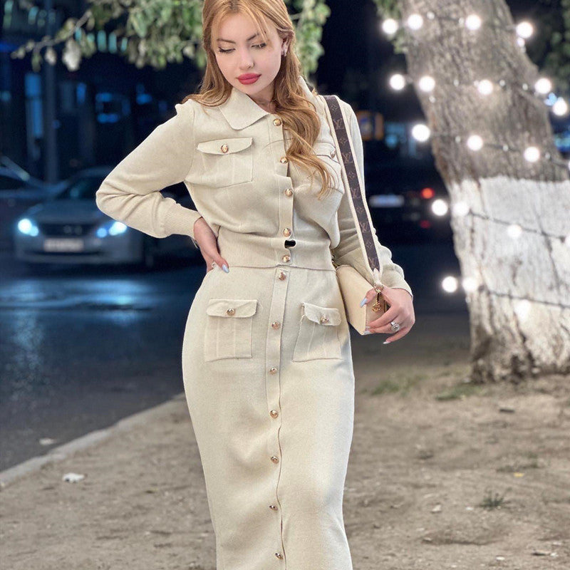 Elegant Pleated Slim-fit Lapel Woolen Skirt Two-piece Suit