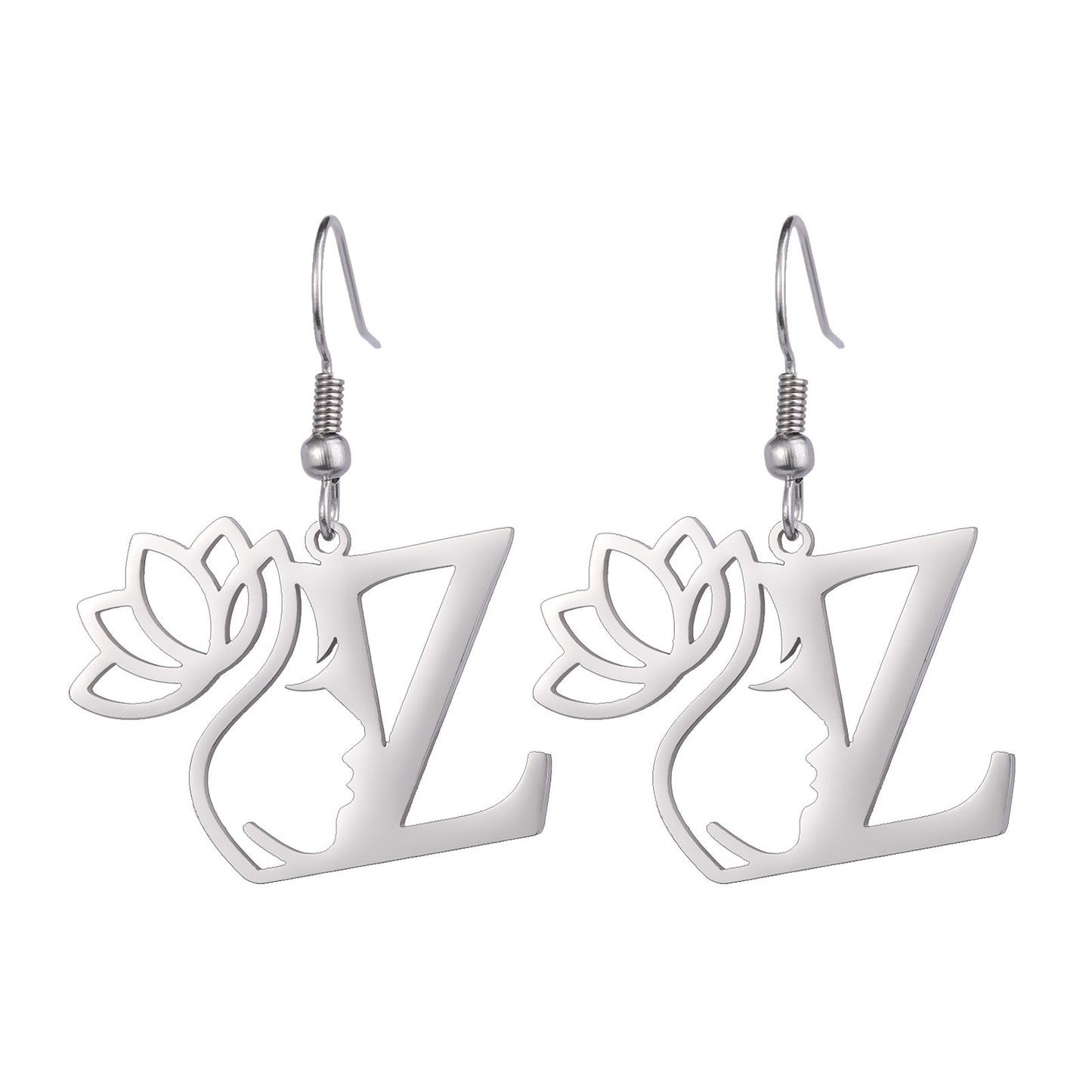 Lotus Letter Pendant Earrings A- Z Initial Stainless Steel Women's Earrings