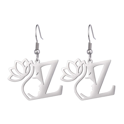 Lotus Letter Pendant Earrings A- Z Initial Stainless Steel Women's Earrings