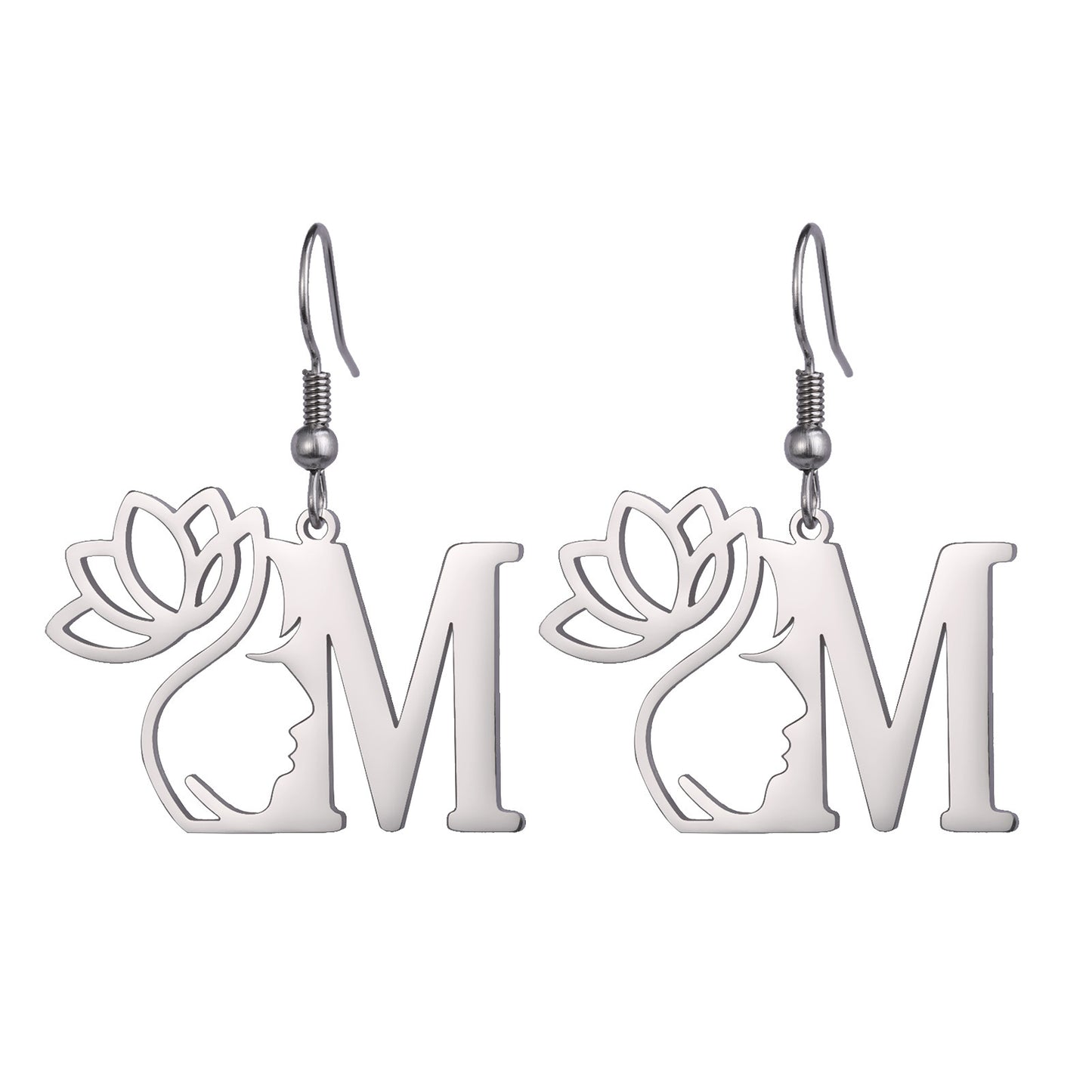 Lotus Letter Pendant Earrings A- Z Initial Stainless Steel Women's Earrings