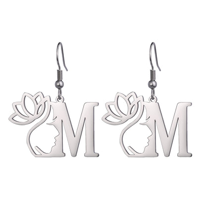 Lotus Letter Pendant Earrings A- Z Initial Stainless Steel Women's Earrings